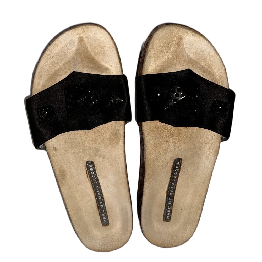 Marc by Marc Jacobs Black Satin and Leather Jeweled Slides